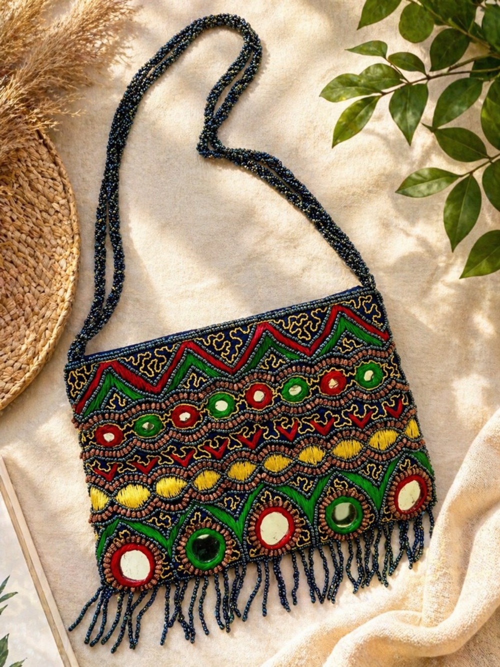 Vintage Beaded Mirror Crossbody Bag Boho Festival Fringe Embroidered Purse